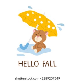 Vector illustration of autumn print with cute doodle teddy bear under dotted umbrella