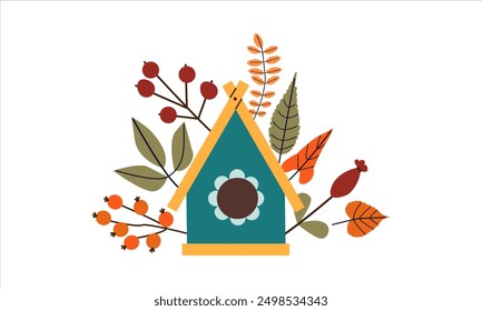 Ilustración vectorial de estampado de otoño con lindo pájaro doodle en pajarera y hojas de colores . Conjunto de otoño de Elementos de diseño acogedores lindos dibujados a mano. Otoño, Día de Acción de Gracias, Otoño.