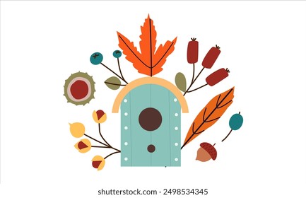 Ilustración vectorial de estampado de otoño con lindo pájaro doodle en pajarera y hojas de colores . Conjunto de otoño de Elementos de diseño acogedores lindos dibujados a mano. Otoño, Día de Acción de Gracias, Otoño.