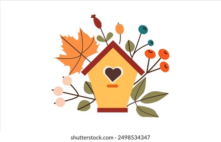 Ilustración vectorial de estampado de otoño con lindo pájaro doodle en pajarera y hojas de colores . Conjunto de otoño de Elementos de diseño acogedores lindos dibujados a mano. Otoño, Día de Acción de Gracias, Otoño.