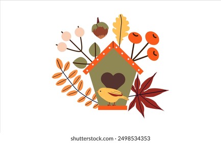 Ilustración vectorial de estampado de otoño con lindo pájaro doodle en pajarera y hojas de colores . Conjunto de otoño de Elementos de diseño acogedores lindos dibujados a mano. Otoño, Día de Acción de Gracias, Otoño.