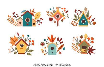 Ilustración vectorial de estampado de otoño con lindo pájaro doodle en pajarera y hojas de colores . Conjunto de otoño de Elementos de diseño acogedores lindos dibujados a mano. Otoño, Día de Acción de Gracias, Otoño.