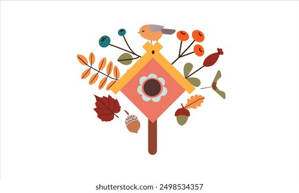 Ilustración vectorial de estampado de otoño con lindo pájaro doodle en pajarera y hojas de colores . Conjunto de otoño de Elementos de diseño acogedores lindos dibujados a mano. Otoño, Día de Acción de Gracias, Otoño.