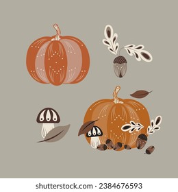 Vector illustration of autumn pumpkin, mushroom and acorn. This fall plant composition is perfect for Thanksgiving Day decor, invitation or greeting card