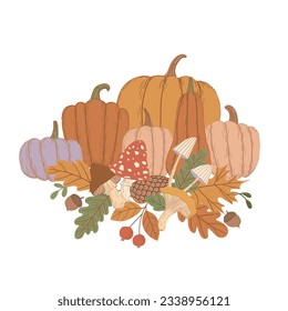 Vector illustration with autumn pumpkins, leaves and mushrooms. Composition with pumpkins for a poster or postcard.