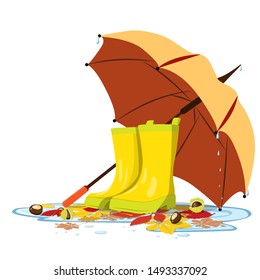 
Vector illustration autumn rainy day nice walk in rubber yellow boots umbrella yellow leaves chestnuts puddle after rain for children magazine cartoon book