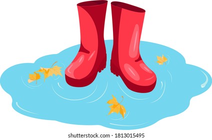  Vector illustration of an autumn rainy day. Walk in rubber red boots maple leaves and puddle after rain