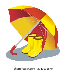 Vector illustration of an autumn rainy day. Nice walk in yellow rubber boots and with a yellow-red umbrella. puddle after rain. for children magazine cartoon book. weather concept.