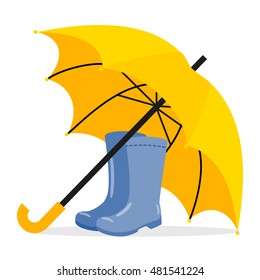 Vector illustration with autumn rubber boots and umbrella. Design for greeting card