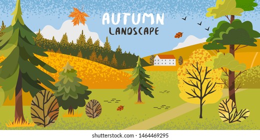 Vector illustration of the autumn rural landscape with contryside near the  forest and colorful trees covered with golden, red and yellow folliage. Autumn theme banner, flyer, landing page design.