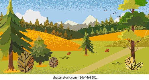 Vector illustration of the autumn rural landscape with mountains and colorful trees covered with golden, red and yellow folliage. Autumn theme Banner, flyer, landing page design template.