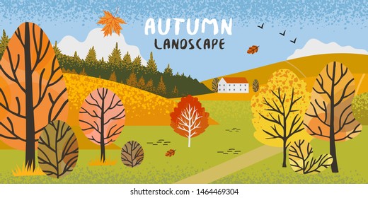 Vector illustration of the autumn rural landscape with contryside near the  forest and colorful trees covered with golden, red and yellow folliage. Autumn theme banner, flyer, landing page design.