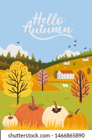 Vector illustration of the autumn rural landscape with contryside near the  forest, colorful trees covered with  folliage and sheeps. Autumn and thanksgiving theme poster or banner with pumpkins.