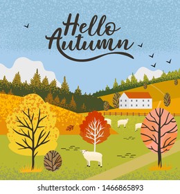 Vector illustration of the autumn rural landscape with contryside near the  forest and colorful trees covered with golden, red and yellow folliage. Autumn theme greeting card.