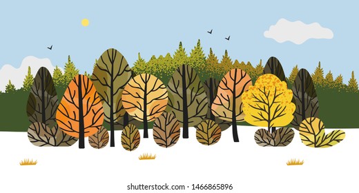 Vector illustration of the autumn rural landscape with forest, colorful trees covered with multicolored folliage and bushes. Autumn landscape, panorama for banner, flyer, landing page background.