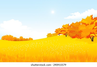 Vector illustration autumn rural landscape with meadow and forest
