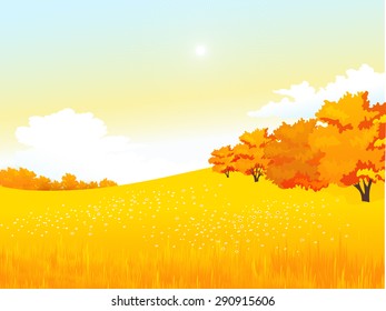 Vector illustration autumn rural landscape with meadow and forest