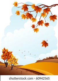 Vector illustration - autumn rural landscape and maple branch