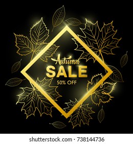 Vector illustration of Autumn sale banner with golden frame and gold outline autumn leaves