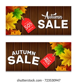 Vector illustration of Autumn sale banners with maple leaves and red labels