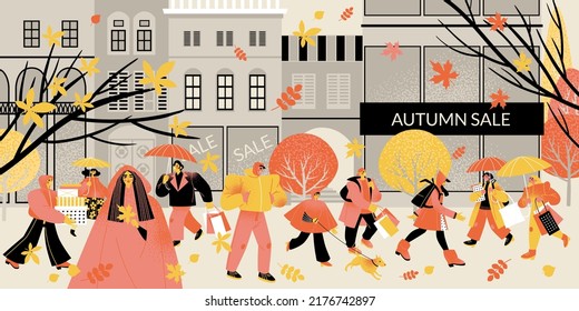 Vector illustration of autumn sale. Cityscape with people carrying boxes and shopping bags. Image in flat style