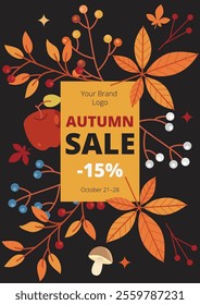 Vector illustration of autumn sale design. Colorful berries, leaves, apple, and toadstool mushroom with a board and 'AUTUMN SALE' text. Editable space for logo, date – for seasonal discounts