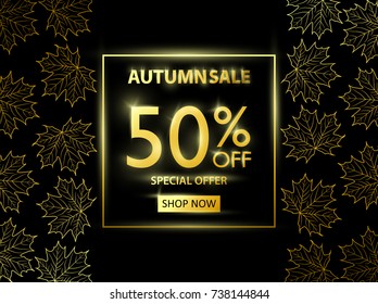 Vector illustration of Autumn sale golden black poster with golden leaves of maple