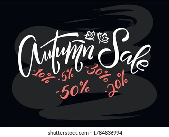 Vector illustration of autumn sale lettering with discount numbers for banner, signage, advertisement, poster, invitation, web design or print. Handwritten text with floral decorative graphics 
