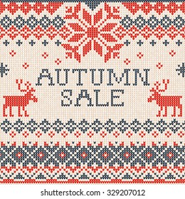 Vector illustration Autumn sale: Scandinavian style knitted pattern with deers. Red, blue and white colors. Flat style 