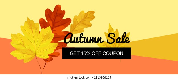 Vector illustration, Autumn sale tag design with bright autumn leaves and geometric simple background. Autumn sale text. 
