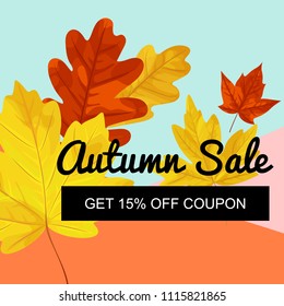 Vector illustration, Autumn sale tag design with bright autumn leaves and geometric simple background. Autumn sale text. 