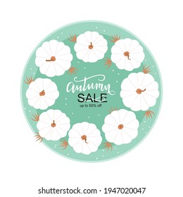 Vector illustration, Autumn sale tag design with autumn pumkins in green circle background. Fall sale text. Lettering word