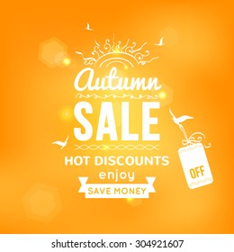 Vector illustration of Autumn sale typography on blurred background - with sample text, sun, birds