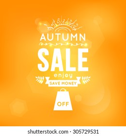 Vector illustration of Autumn sale typography on blurred background - with sample text, sun, birds