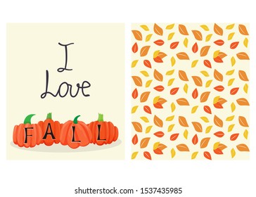 Vector illustration of autumn scene with orange pumpkins and seamless pattern with leaves. Design for holiday greeting card, banner, template for invitation on fall festival or fair, autumn poster. 