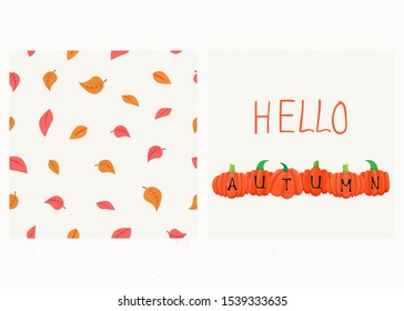 Vector illustration of autumn scene with orange pumpkins and seamless pattern with leaves. Design for holiday greeting card, banner, template for invitation on fall festival or fair, autumn poster. 