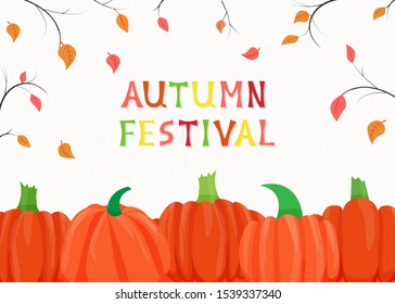 Vector illustration of autumn scene with orange pumpkins and text Autumn Festival. Design for holiday greeting card, banner, template for invitation on fall festival or fair, autumn poster. 