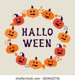 Vector illustration of autumn scene with orange pumpkins, leaves and text Halloween. Design for holiday greeting card, banner, template for invitation on party, scary poster, mailing, coupon, decor.
