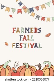 Vector Illustration Of Autumn Scene With Pumpkins, Hanging Flags And Text Farmers Fall Festival. Design For Holiday Greeting Card, Banner, Template For Invitation On Fall Festival, Fair, Autumn Poster