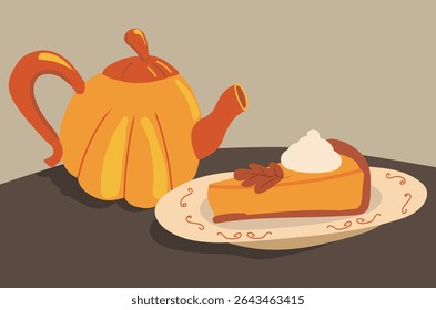 Vector illustration of an autumn scene with a pumpkin-shaped teapot and a slice of pumpkin pie on a plate. Ideal for cozy kitchen prints, seasonal invitations, food packaging, or cafe branding.