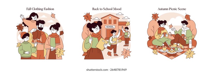 Vector illustration of autumn scenes featuring fashion, school time, and picnics. A family enjoys fall clothing, kids head to school, and friends have a cozy outdoor picnic surrounded by autumn leaves