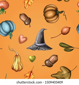 Vector illustration autumn seamless pattern for Halloween day with wide-brimmed hat, pumpkins, oak leaves and acorns