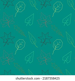Vector Illustration of autumn seamless pattern with different geometric outline leaves on turquoise background