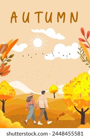 Vector illustration of the autumn season. Poster with people and seasonal outdoor activity.