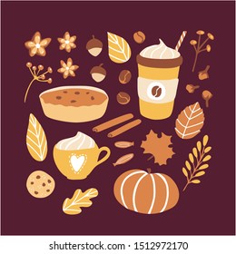 Vector illustration Autumn season. Set of doodle elements on Fall theme: pie, cookie, nuts, warm delicious beverages, spices, herbs and yellow, orange leaves. Collection of flat objects.