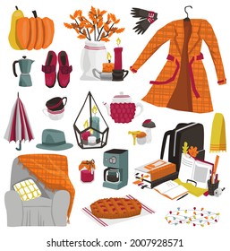 Vector illustration with an Autumn Seasonal Set of thematic Objects. School supplies, a Blanket, Clothes, food, a pumpkin, interior objects, Leaves, an Umbrella, Candles in Autumn Colors are depicted.