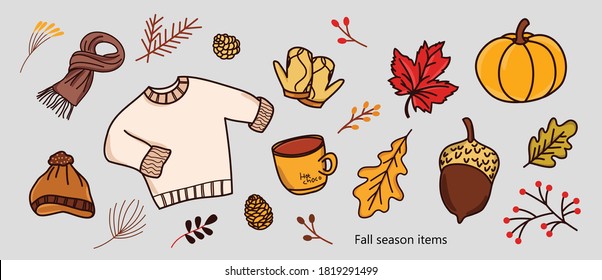 vector illustration autumn seasons symbolize. pumpkin, pine cone, leaf, maple leaf, acorn, scarves, beanie hat, hot drink, warm gloves and clothes. 