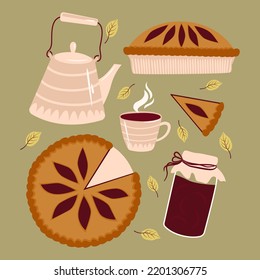 vector illustration autumn set blueberry pie, jam and hot tea