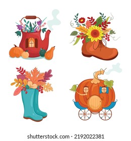 Herbstset für Vektorgrafik mit Stiefeln, Wasserkocher, Kürbis, Sonnenblume, Coach, Gemüse