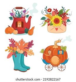 Vector illustration autumn set with boots, chariot, kettle, pumpkin, sunflower, coach, vegetables